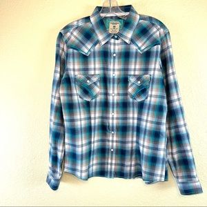 Panhandle Rough Stock Women's Blue Plaid Long Sleeve Western Shirt. Sz M